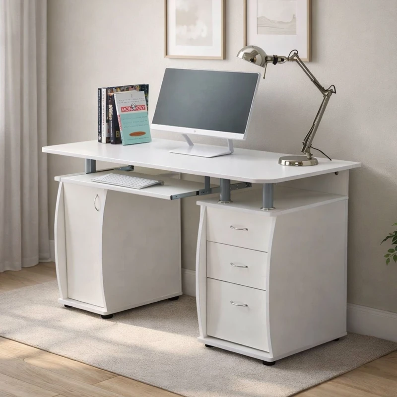 Image of RAYGAR Raygar - Deluxe Computer Desk With Cabinet and 3 Drawers - White RG0425