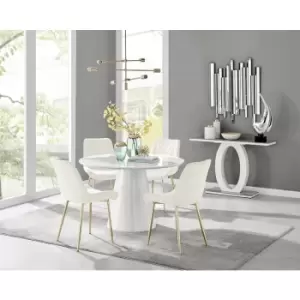 Image of Furniturebox Palma White High Gloss 4 Seat Minimalist Post Modern Round Dining Table & 4 Cream Pesaro Gold Leg Velvet Chairs
