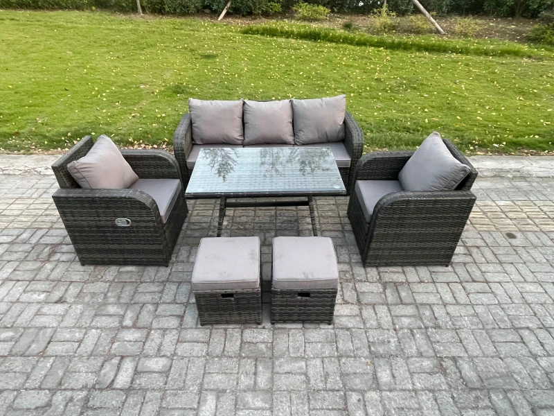Image of Fimous 7 Seater Rattan Wicker Garden Furniture Patio Conservatory Sofa Set with Rectangular Dining Table Reclining Chair Dark Grey