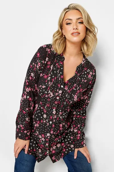 Image of Yours Floral Pintuck Shirt Black