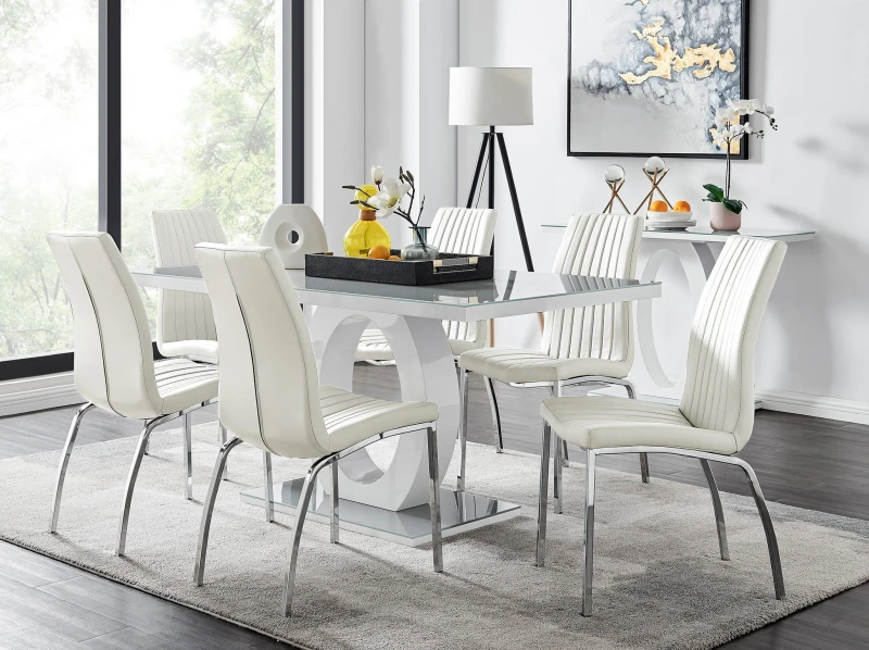 Image of FurnitureboxUK FurnitureboxUK Giovani 6-Seater Grey Glass Dining Table and 6 Isco Faux Leather Dining Chairs in White White One Size Unisex 5056542650