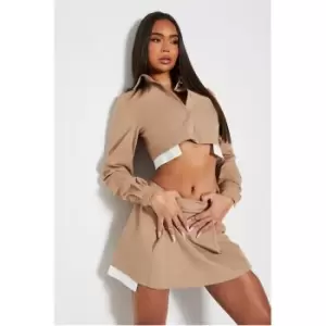 Image of I Saw It First Exposed Pocket Button Up Crop Shirt Co Ord - Brown