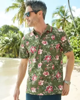 Image of Cotton Traders Mens Short Sleeve Printed Polo Shirt in Green