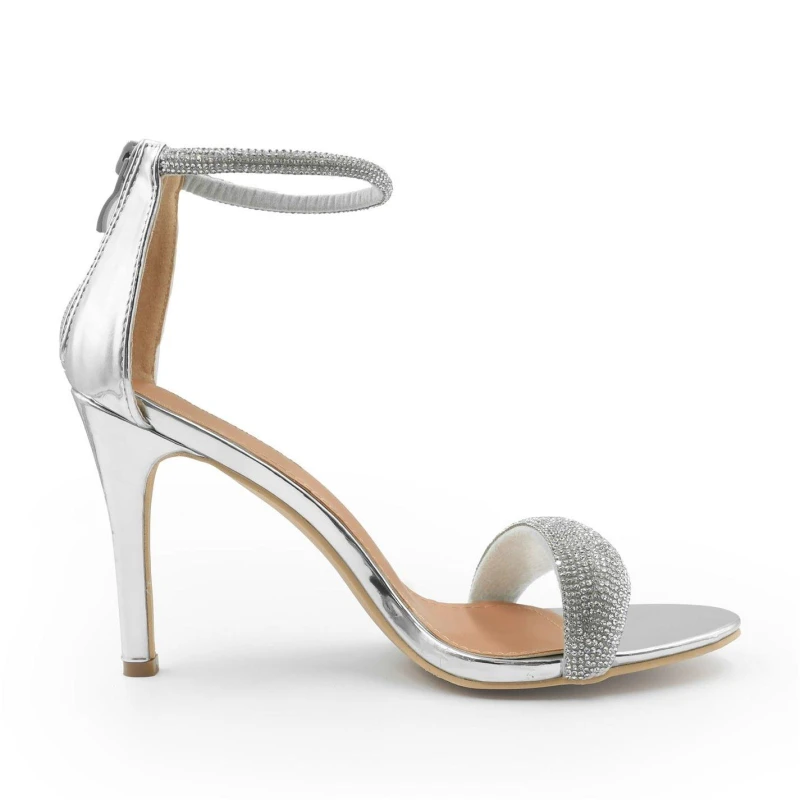 Image of Where's That From 'France' Wide Fit High Heel Sandals With Diamante Ankle Strap Silver