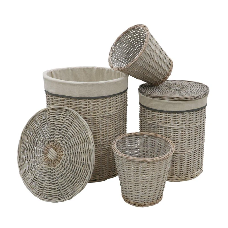 Image of JVL Arianna Set of 4 Round Willow Basket Laundry Baskets Set Grey 39052202000