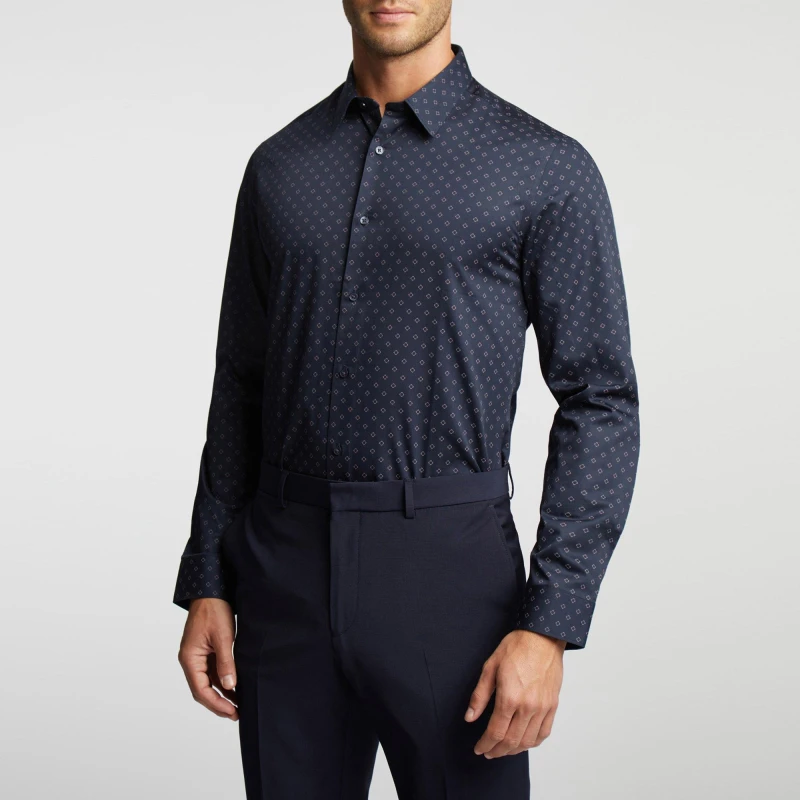 Image of Ted Baker Mens Zuber Slim Fit Geo Long-Sleeve Patterned Shirt Navy male 16 inch