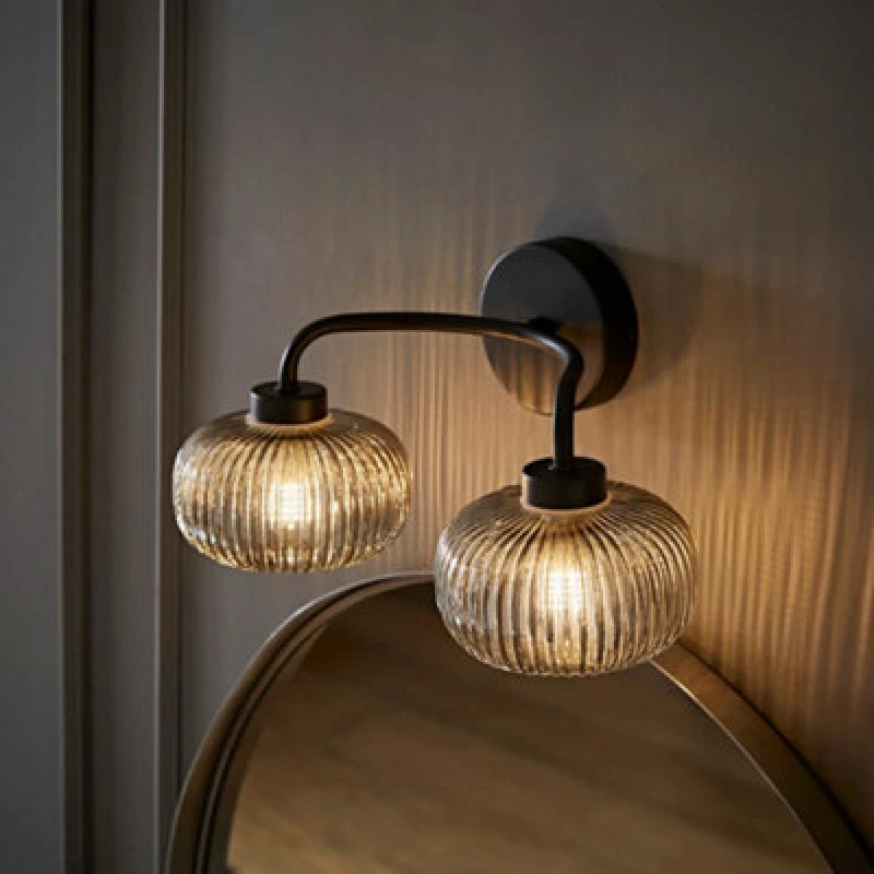 Image of ValueLights Amaia Matte Black IP44 Rated 2 Way Smoked Ribbed Glass Wall Light Black