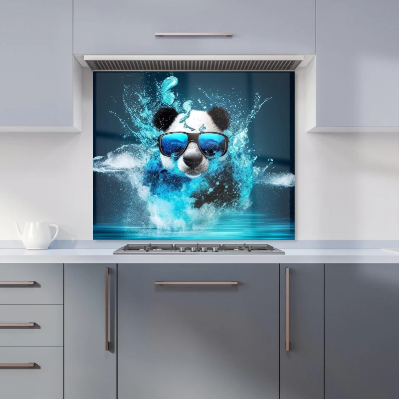 Image of Warren Reed - Designer Panda With Glasses Splashart Water Kitchen Splashback in Blue Size: 700mm x 750mm Blue Unisex 700mm x 750mm