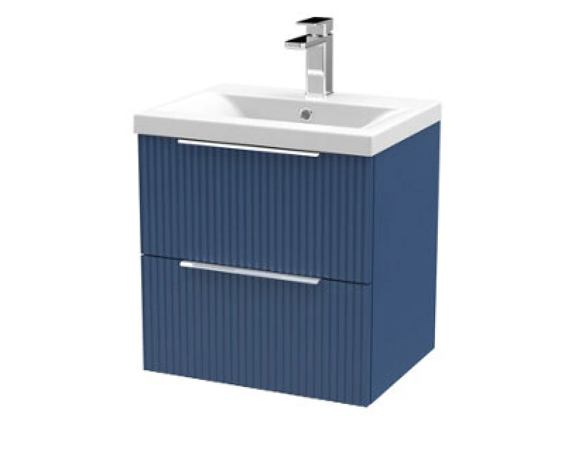 Image of Hudson Reed Fluted Wall Hung 2-Drawer Vanity And Mid-Edge Basin, Contemporary Sink Vanity Unit, Satin Blue