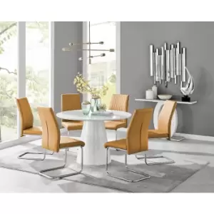Image of Furniturebox Palma White High Gloss 6 Seat Minimalist Post Modern Round Dining Table & 6 Mustard Lorenzo Faux Leather Chairs
