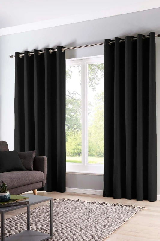 Image of Fusion Sorbonne Thermal Lined Eyelet Curtains in Black 9