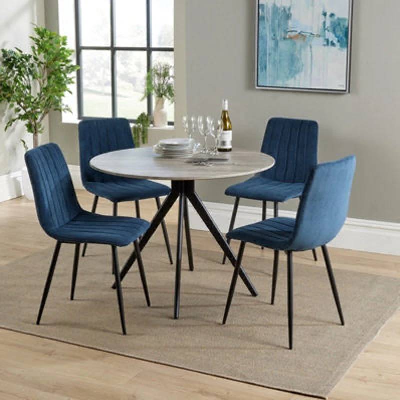 Image of Core Products Aspen Grey Oak Effect 100Cm Round Dining Table With 4 Blue Cord Fabric Straight Stitch Design Chairs