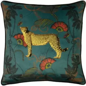 Image of Paoletti Tropica Cheetah Velvet Piped Edge Cushion Cover, Teal, 45 x 45 Cm