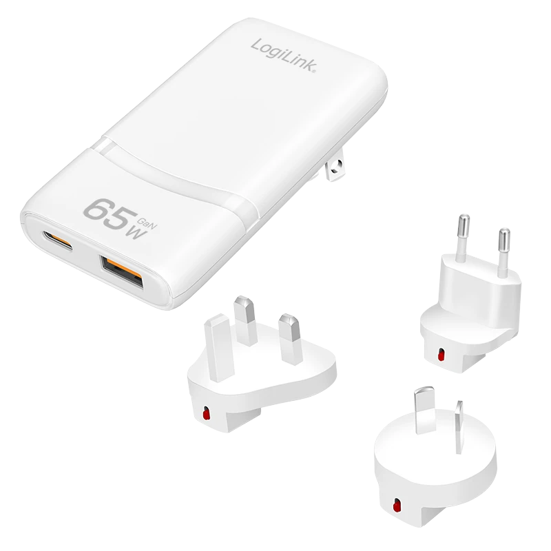 Image of LogiLink USB Travel Charger. GaN. 2port. USB-AF & USB-CF. 65W. w/P