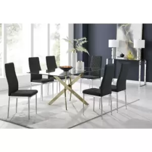 Image of Furniturebox Leonardo 150cm Modern Glass And Gold Metal Dining Leg Table And 6 Black Milan Faux Leather Silver Chrome Leg Dining Chairs