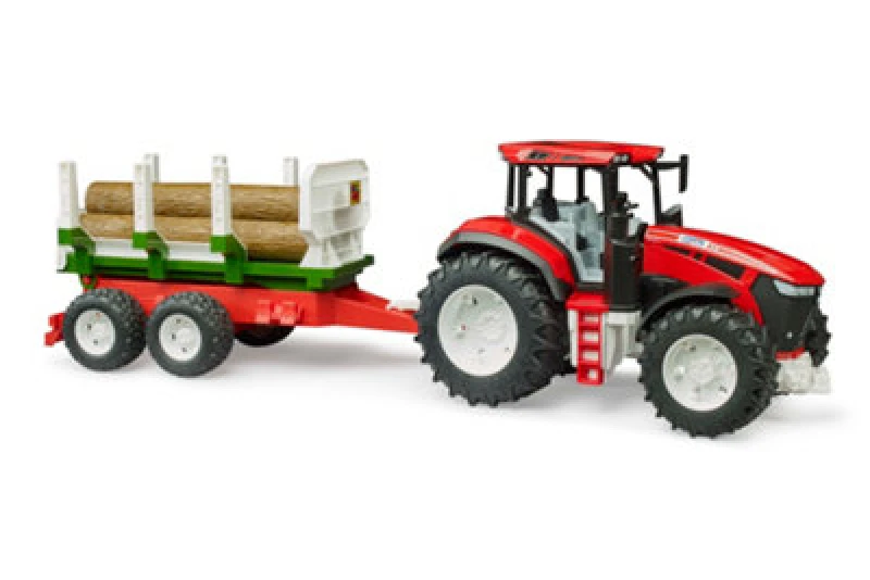 Image of Bruder Roadmax Tractor With Forestry Trailer And 3 Trunks Farm Tractor Model