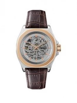 Image of Ingersoll Ingersoll The Orville Silver And Rose Gold Detail Skeleton Automatic Dial Brown Leather Strap Watch