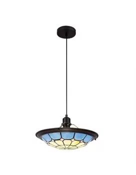Image of 1 Light Ceiling Pendant E27 With 35cm Tiffany Shade, Rich Blue, Clear Crystal Centre, Aged Antique Brass Trim, Black