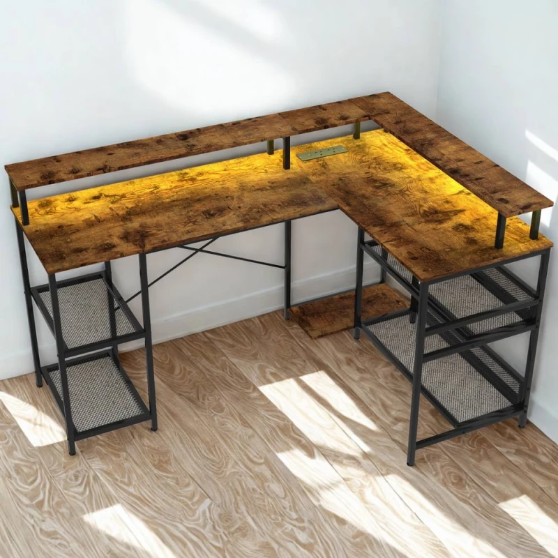 Image of FURNOS Industrial L Shaped Computer Desk With USB Outlets & LED Lights in Brown Brown Unisex
