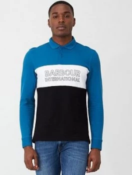 Image of Barbour International Panel Long Sleeve Polo Shirt - Aqua/White/Black