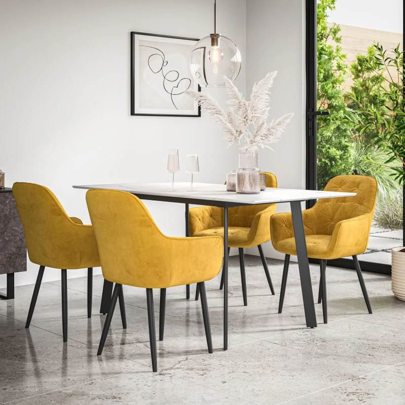 Image of More4Homes Haydon Extending Dining Table + Chairs- White Marble Effect Table Top W Black Legs + Anika Velvet Dining Chair Set Of 6 (Mustard)