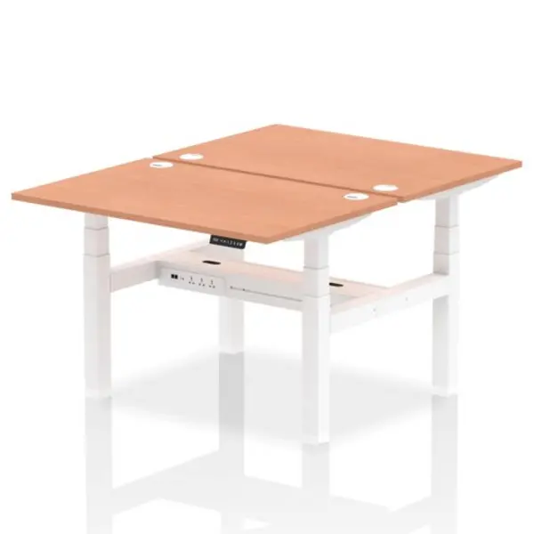 Image of Air Air Back-to-Back 1200 x 800mm Height Adjustable 2 Person Bench Desk Beech Top with Cable Ports White Frame HASCP2P12800BCHW