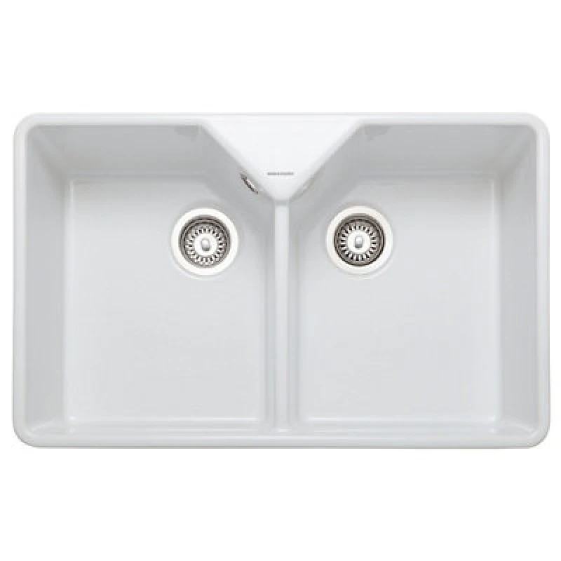 Image of Rangemaster Double Bowl Undermount Belfast White Ceramic Kitchen Sink CFBL800WH/ White