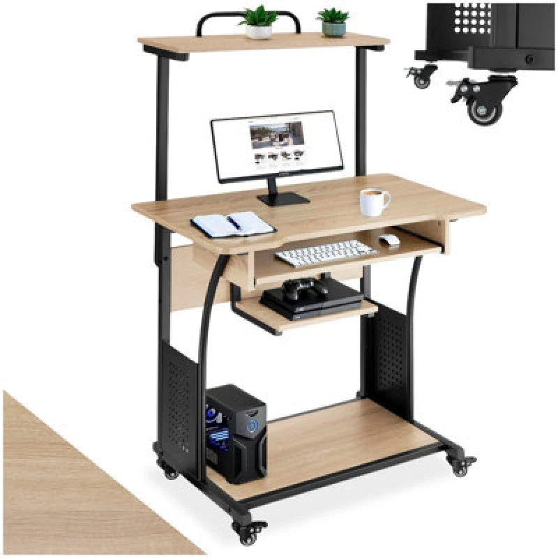 Image of Tectake Desk Fife - 3 Levels, Attachable Shelf And Keyboard Tray, 4 Castors 65cm - Industrial Wood Light, Oak Sonoma