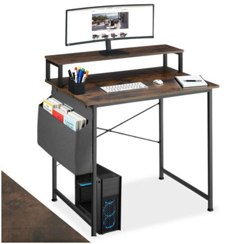 Image of Tectake Desk - With Shelving And Fabric Storage Bag 80 Cm - Industrial Wood Dark, Rustic