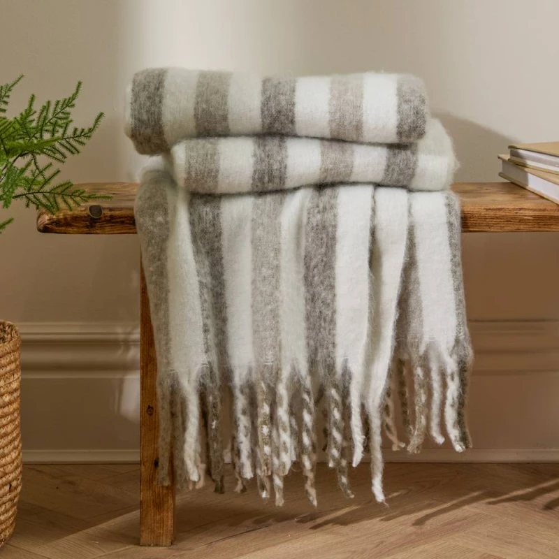 Image of Wylder Beechwood 100% Cotton Woven Stripe Throw in Grey Size: 140cm x 180cm Grey Unisex 140cm x 180 cm