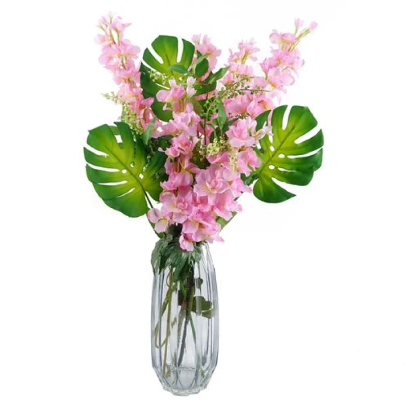 Image of Leaf Leaf 60cm Pink Delphinium Tropical with Glass Vase Green