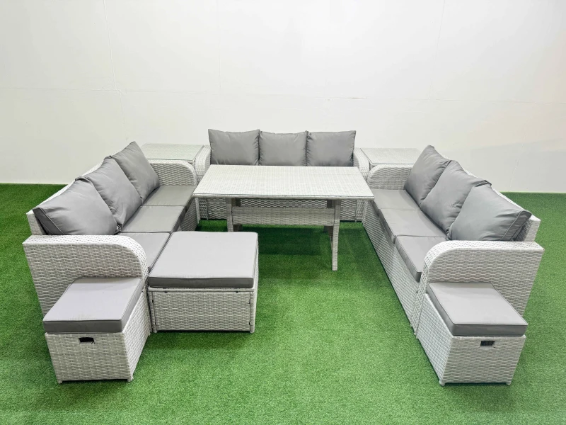 Image of Fimous PE Rattan Lounge Sofa Set 12 Seater Outdoor Garden Furniture Set with Rectangular Dining Table 3 Seater Sofa 3 Stools 2 Side Table Light Grey L