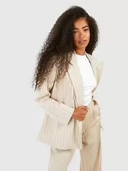 Image of Boohoo Pinstripe Double Breasted Blazer - Sand, Beige, Size 8, Women
