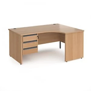 Image of Dams International Right Hand Ergonomic Desk with 3 Lockable Drawers Pedestal and Beech Coloured MFC Top with Graphite Panel Ends and Silver Frame Cor