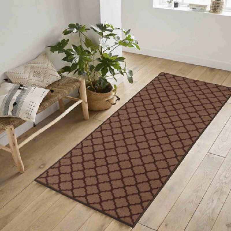 Image of Machine Washable Trellis Design Anti Slip Doormats Beige 80X300 Cm