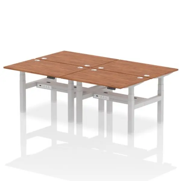 Image of Air Air Back-to-Back 1200 x 800mm Height Adjustable 4 Person Bench Desk Walnut Top with Cable Ports Silver Frame HASCP4P12800WNTS