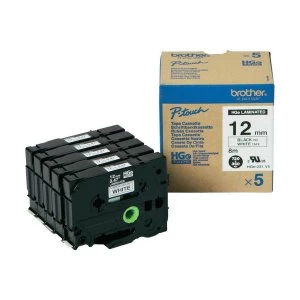 Image of Brother HGE231V5 Black on White 12mm 8M x 12mm High Grade Tape 5 pack