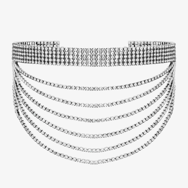 Image of Mood Silver Crystal Multirow Bib Necklace Silver