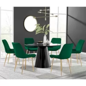 Image of Furniture Box Palma Black Semi Gloss Round Dining Table and 6 Green Pesaro Gold Leg Chairs