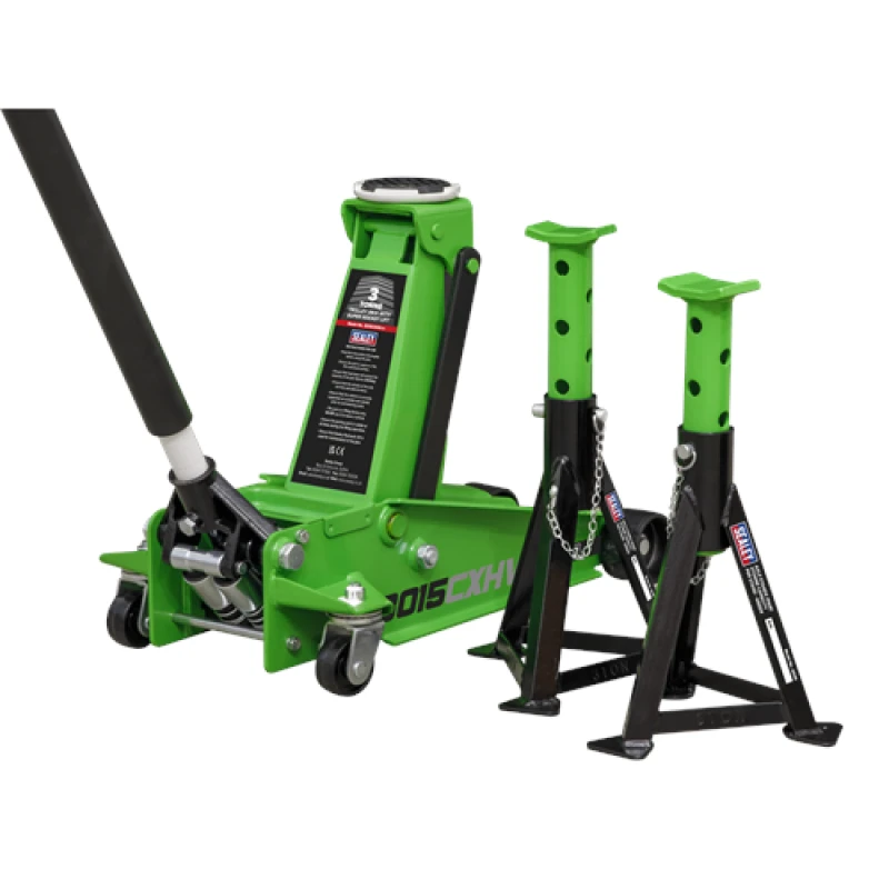Image of Sealey Trolley Jack 3 Tonne with Super Rocket Lift & Axle Stands (Pair) 3 Tonne Capacity per Stand-Hi-Vis 3015CXHV