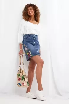 Image of Floral Embroidered Button Down A Line Denim Skirt