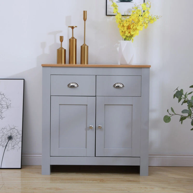 Image of FURNITURE HMD Furniture Hmd - Wooden 2 Drawers 2 Doors Cabinet Chest of Drawers Storage Unit Sideboard,Grey+Oak,79x35x81cm(WxDxH) 29656-HMD