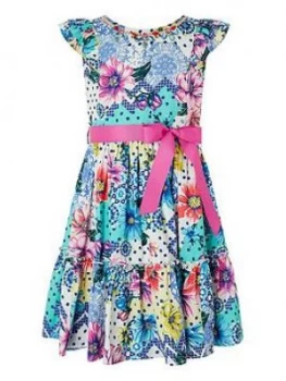 Image of Monsoon Girls Blue Floral Spot Printed Dress - Blue, Size 7 Years, Women