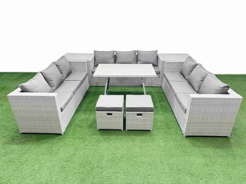 Image of Fimous 11 Seat Patio PE Rattan Garden Furniture with 2 Side Tables 2 Stools in Light Grey Light Grey Unisex