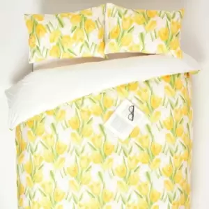 Image of Yellow Tulips Digitally Printed Cotton Duvet Cover Set, Double - Yellow - Homescapes