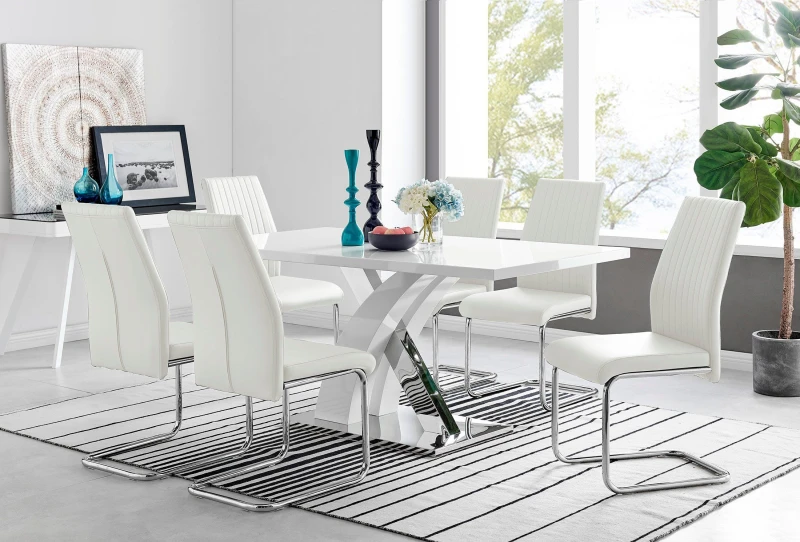 Image of FurnitureboxUK FurnitureboxUK Atlanta Modern Rectangle Chrome Metal High Gloss White Dining Table And 6 Lorenzo Chairs Set in Off White Off White One