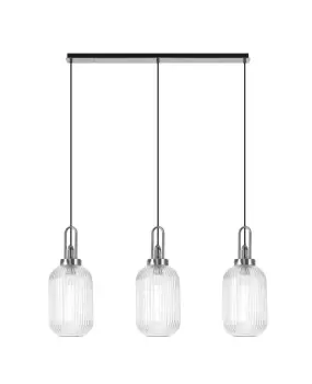 Image of Linear 3 Light Pendant E27 With 20cm Tubular Ribbed Glass, Clear Polished Nickel, Matt Black