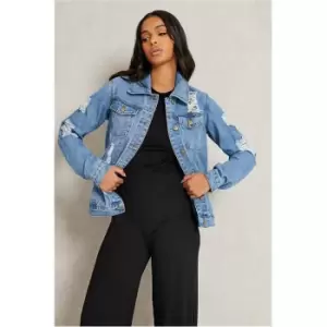 Image of I Saw It First Mid Wash Ripped Oversized Denim Jacket - Blue