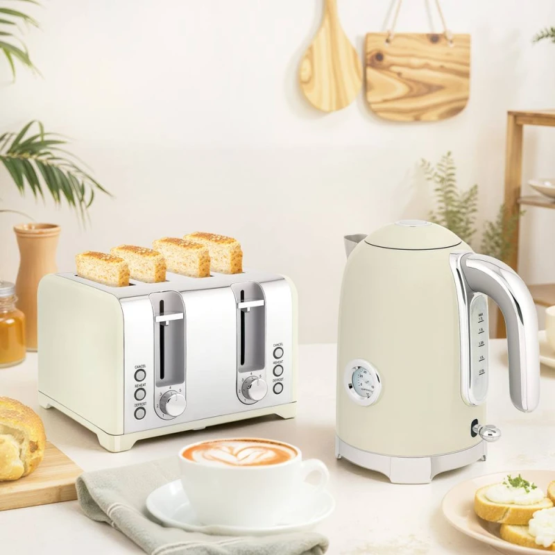 Image of HOMCOM 3000W 1.7L Kettle with Retro Thermometer, 4 Slice Toaster Set in Beige Beige Unisex