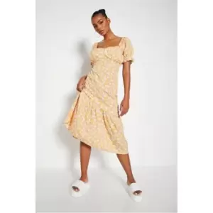 Image of I Saw It First Orange Ruched Bust Frill Hem Midi Dress - Orange